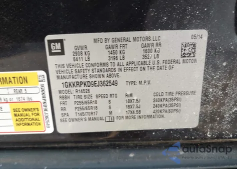 2014 GMC Acadia Sle-2 из США, поврежденный, VIN 1GKKRPKD9EJ362549